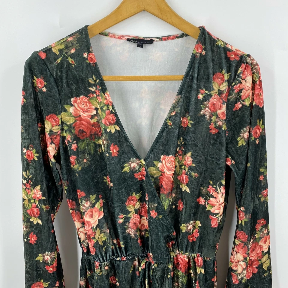 Mameluco Be Bop Talla Grande Verde Rosa Floral Manga Campana Terciopelo Cuello en V Una Pieza Foto 3 de 4