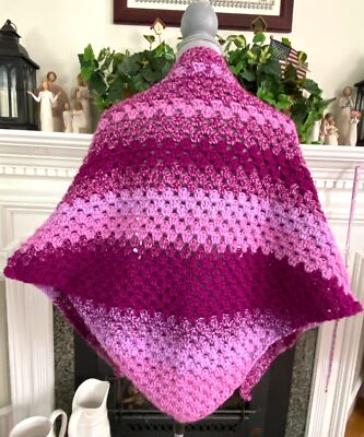 Handmade Granny Triangle Shawl Wrap Scarf Crochet Acrylic Berry Purple 72'' x 30''
