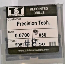 TCT REPOINTED DRILLS MDBT #50 0.0700" DIA 0.472" FLUTE (LOT OF 50)