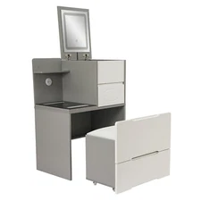 Makeup Table & Vanity Desk with Lighted Mirror Space Saving Dressing Table, Gray