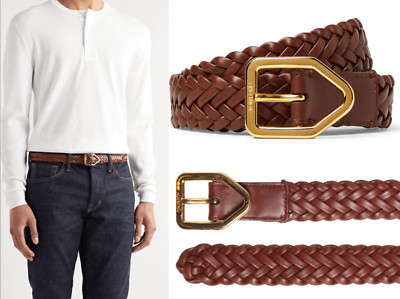 TOM FORD Lozerna Woven Leather Belt 25MM Gold Buckle Gürtel Iconic Brown New 100