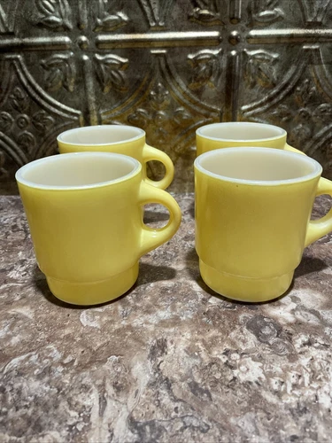 Vintage Fire King Ware Yellow Stackable Coffee Cup Set Of 4