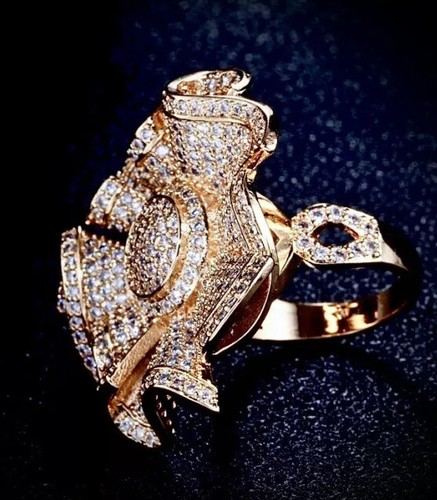 STUNNING 18K Yellow Gold Haute Couture Pave CZ 3D Flower Ring Vermeil &Keychain - Picture 9 of 13