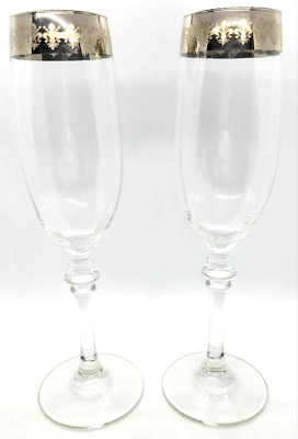Cristalleria Fratelli Fumo Champagne Flute Glass Silver Rim Italy BOXED-Set of 2