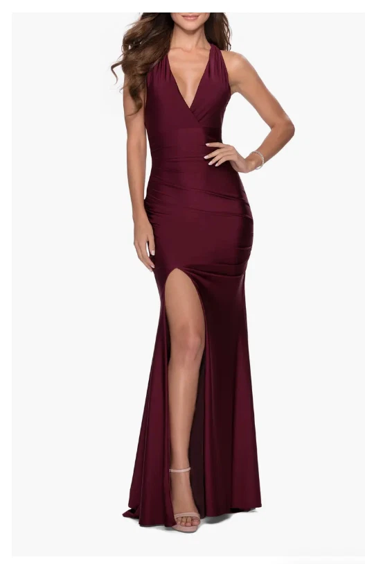 La femme strappy back satin hotsell evening dress