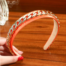 STUNNING HANDMADE ORANGE SATIN HEADBAND WITH BOLD GOLD CHAIN, HAIR ACCESSORY