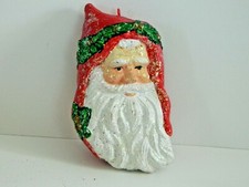 SANTA CLAUS HEAD ORNAMENT APPROX. 5" T, RED HAT W/GREEN TRIM, FROSTED GLITTER