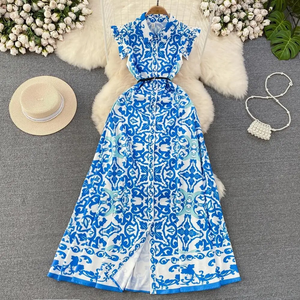 Summer Runway Blue and White Porcelain Print Long Dress Women's Lapel Collar Summer Runway Blue and White Porcelain Print Long Dress Women's Lapel Collar