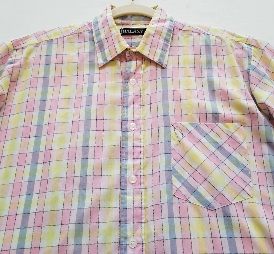 VTG Galaxy Button Up Shirt Men Medium Pink Yellow Blue Geometric Rectangle Retro - Image 2 of 4
