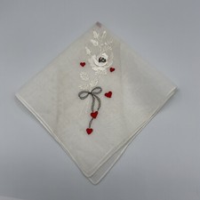 Vtg Valentine s Day Handkerchief w/Embroidered Red Hearts And White Flowers
