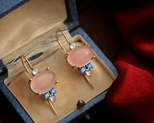 Boucles D'oreilles Pendantes Vintage - Agate Rose Et Corail Avec Strass, Fermoir Papillon, Neuves