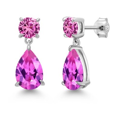 9.26 Cttw Pink Created Sapphire Teardrop Dangle Drop Earrings For Women | 925