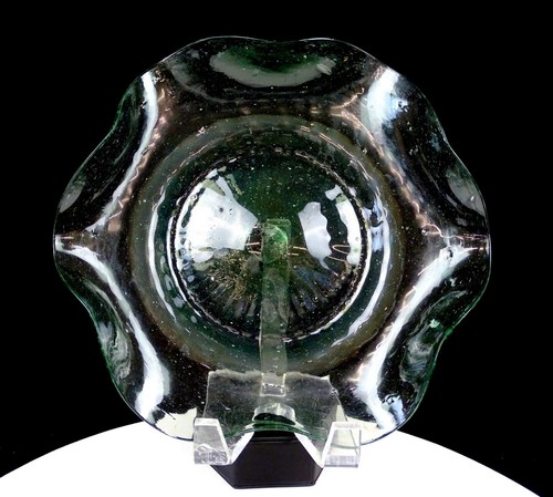 STUDIO ART GLASS SEEDED STYLE GREEN PANEL OPTIC RUFFLED RIM 10 3/4" DISH - Picture 9 of 9
