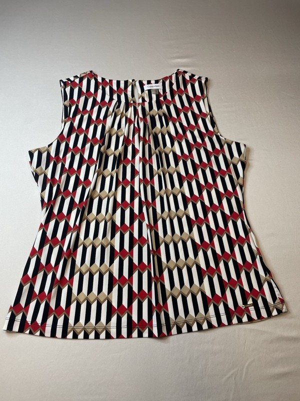 Calvin Klein Women's Size XL Black Red Geometric Knit Sleeveless Blouse 
