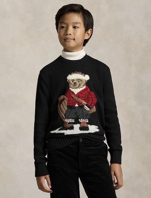 Polo Ralph Lauren Boys Kids RL Polo Bear Sweater Snow M 10-12 Color Black $165