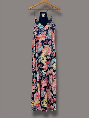 NICOLE MILLER N.Y. Navy Blue Floral SATIN Maxi Dress HALTER NECKLINE POCKETS