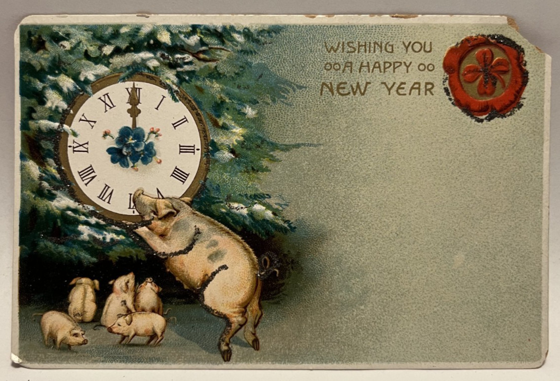 Wishing You A Happy New Year, Pigs, Piglets, Clock, Vintage Glitter Postcard
