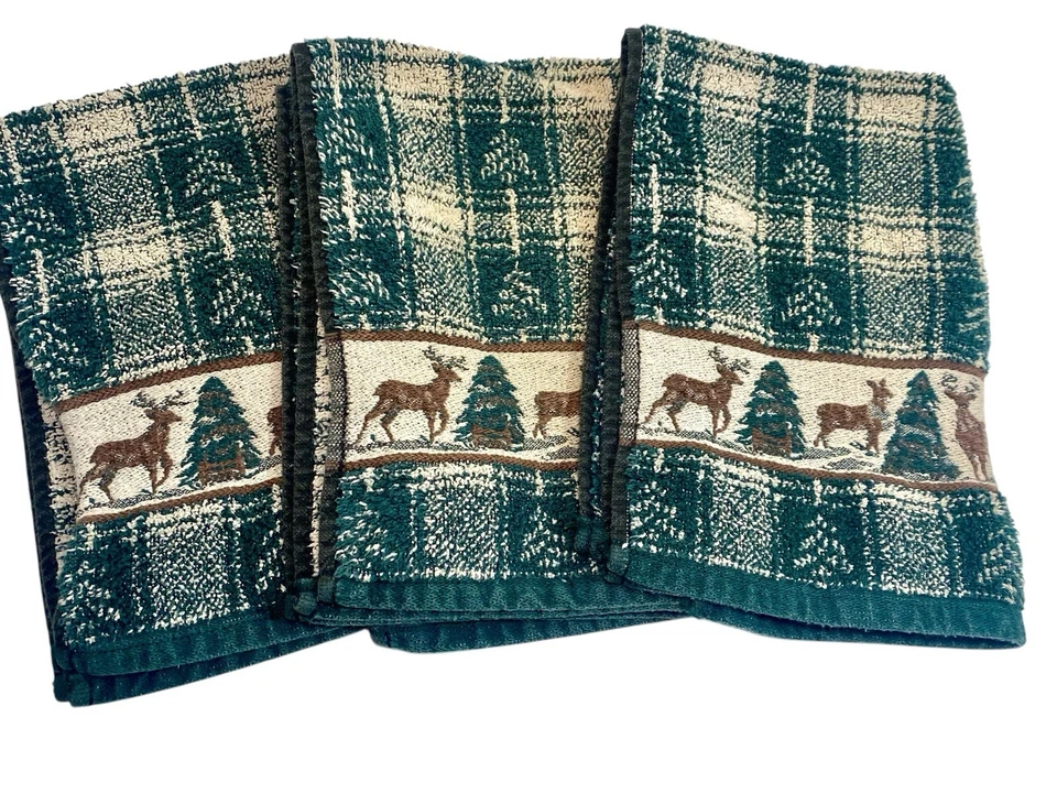 Santens Bath Towel Set Deer Christmas Tree Green Woven Vtg Cabin Lodge Decor - Image 3 of 3