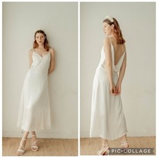 Noire Brand Britney Open Cowl Back Midi Slip Satin Dress Tea Length White Cream