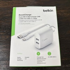 Belkin BoostCharge 24W Dual-Port USB-A Wall Charger with 3.3' USB-C Cable NEW 
