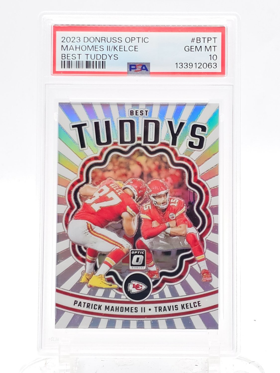 P. MAHOMES/T. KELCE 2023 DONRUSS OPTIC BEST TUDDYS HOLO PRIZM PSA 10 Q3490 view 1