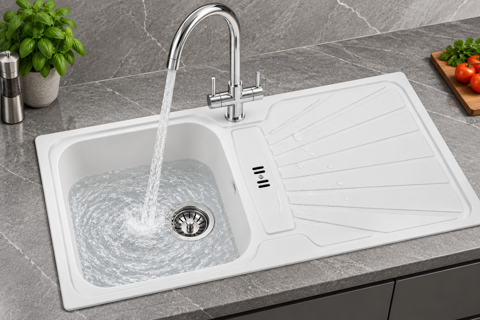 Liquida CMP5WH 1 Bowl White Kitchen Sink With W03CH Chrome Mixer Tap