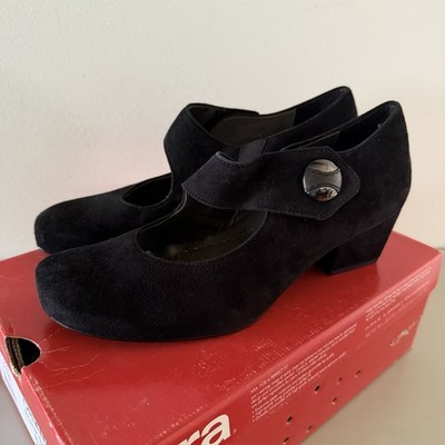 ara Womens 8 Mary Jane Suede Shoes Black Block Heel Adjustable Strap