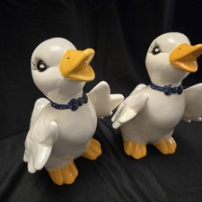 Vintage 6  Ceramic Duck Pair with Blue Bows   Folk Art Handmade 1980s Style
