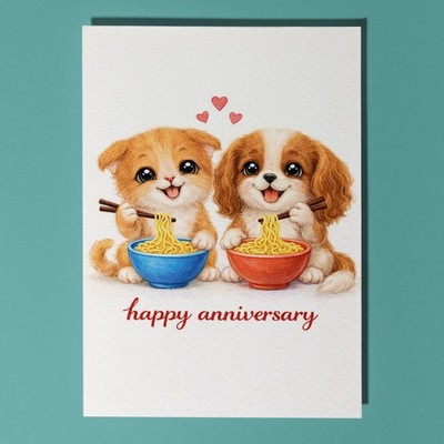 Kätzchen & Welpe Ramen Nudel Spaß süß Katze Hund Happy Anniversary Karte personalisiert