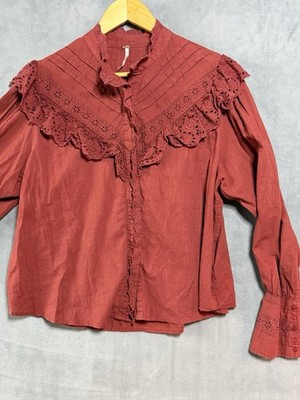 Free People Hit The Road Red Eyelet Pilgrim Boho Eyelet Button Shirt L Babydoll