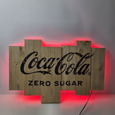 1 Coca Cola Zero Sugar beleuchtet rot LED, 3D Holz Wandschild brandneu alter Lagerbestand