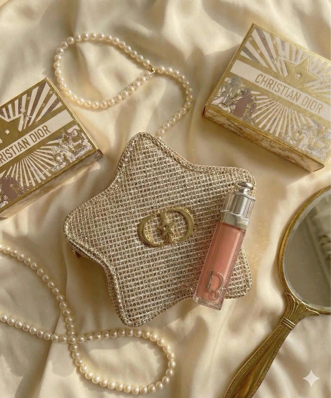DIOR Exclusivo Set de Regalo - Bolsa Estrella Dorada + Brillo de Labios Rosa - Totalmente Nuevo