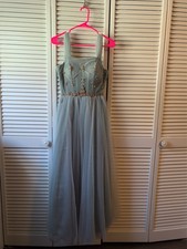 dusty blue prom dress bridesmaid formal fairy tulle corset beaded gown