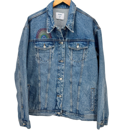 Old Navy Jeansjacke Damen XL Tall Boyfriend blau Trucker bestickt Regenbogen - Bild 1 von 6