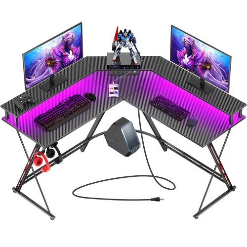 SEVEN WARRIOR L Shaped Gaming Desk with LED Lights & Power Outlets 504â