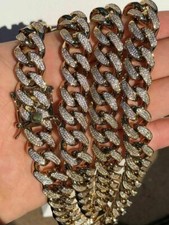 Men's Miami Cuban Link Chain Real 14k Gold Plated 15mm 60ct CZ 30" ICY CZ