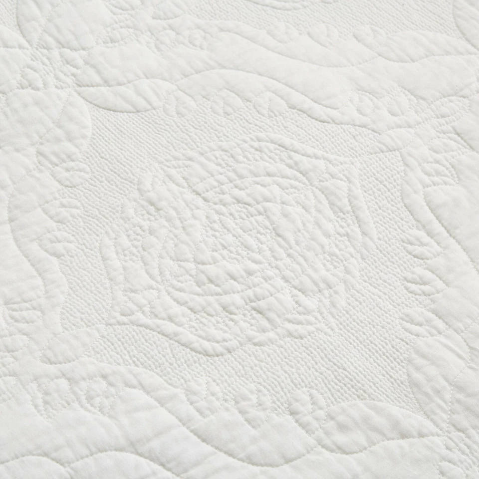 Tache Cotton Ivory White Floral Damask Matelassé Quilted Coverlet Bedspread Set - Image 2 of 4