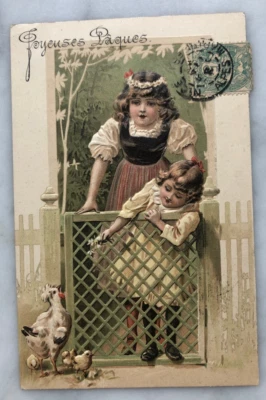 CPA JOYEUSES PÂQUES en relief papier gauffré enfants poule poussins début XXème - Photo 1/2