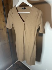 FOREVER 21 Ribbed V Neck Short Sleeve Knit Fitted T Shirt Bodycon Dress M Carmel