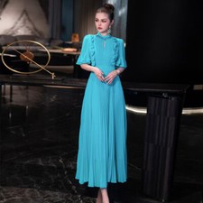 Occident Women's Stand-up Collar Rhinestone Short-sleeved Pleated Chiffon Dress