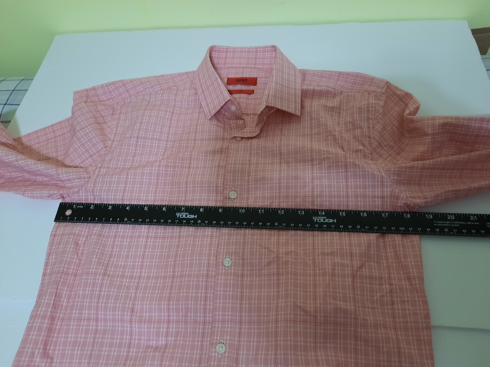Hugo Boss Red Label Mens 15 32 33 Slim Long Sleeve Pink White Plaid Dress Shirt
