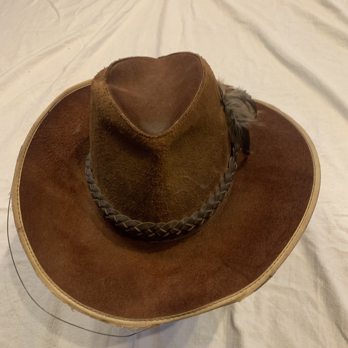 Mens Vintage Brown Leather Cowboy Hat Damaged Size XXL