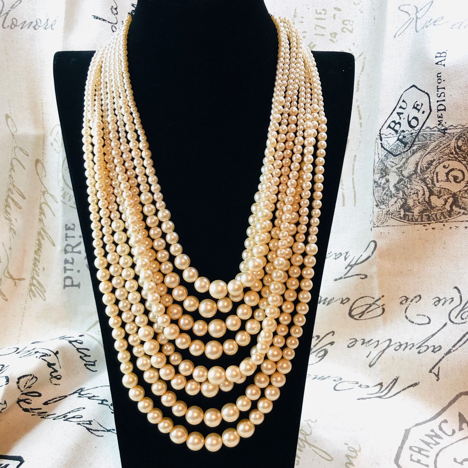 Rare Talbots HUGE Faux Pearl Multi Strand Statement Bib Silver Necklace
