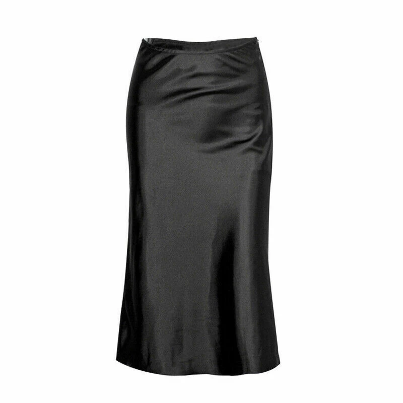Lady Satin Skirt Faux Silk Midi Slim High Waist Gothic Black