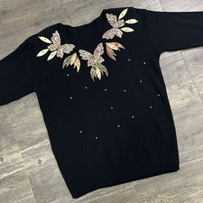 Vintage Sequin Sweater Butterfly Fairy Kei Black Women OSFA USA Made Acrylic