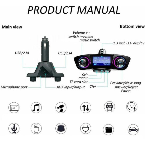 Car Wireless Bluetooth MP3 FM Transmitter AUX Audio Stereo Adapter 2 USB Charger - Picture 11 of 19