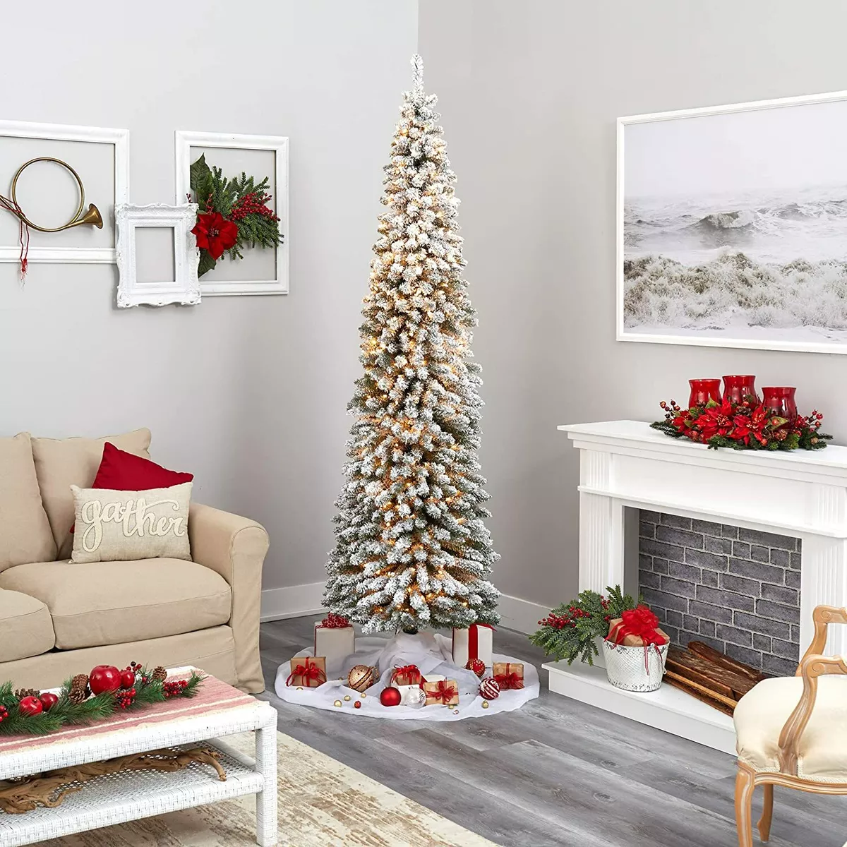 6ft 7ft Artificial Christmas Slim Tree Prelit 170 LED 555 Snow Tips Xmas Stand