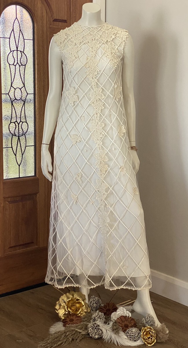 geometric embroidered dress Atq Vintage Geometric Art Deco Embroidered Floral Garden Maxi Bridal Long  Dress