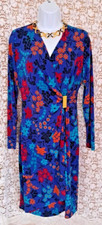 Chaps Dress Womens Size 6 Blue Floral Midi Faux Wrap V-neck Stretch Long Sleeve 