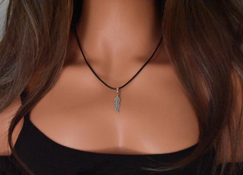 Collana con PIUMA Argento ciondolo Corda Nera no caucciù Girocollo da Uomo Donna - Immagine 2 di 4
